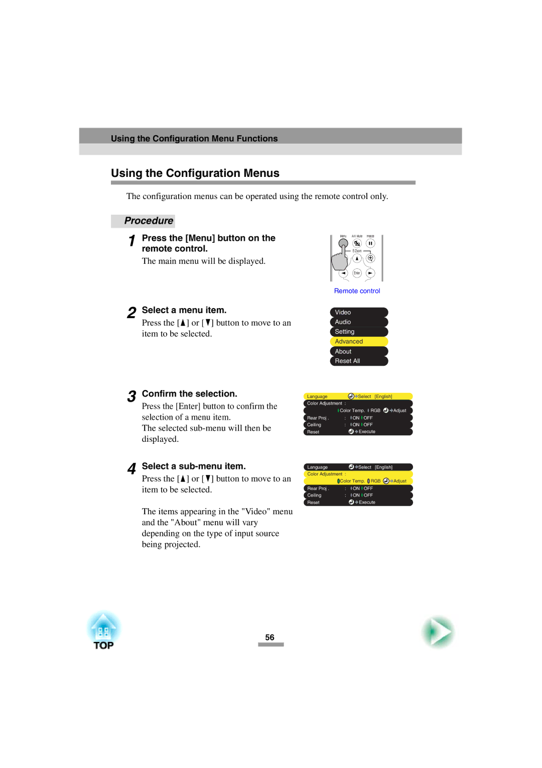 Epson 52 manual Using the Configuration Menus, Press the Menu button on the remote control, Select a menu item 