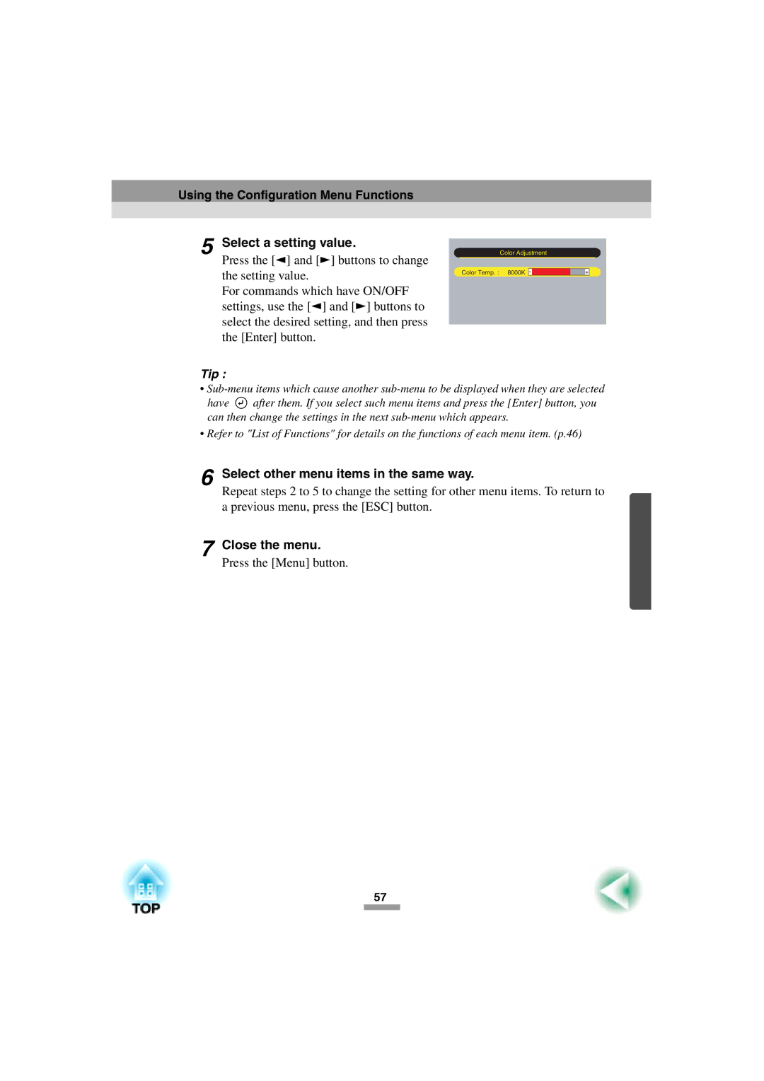 Epson 52 manual Select other menu items in the same way, Close the menu 