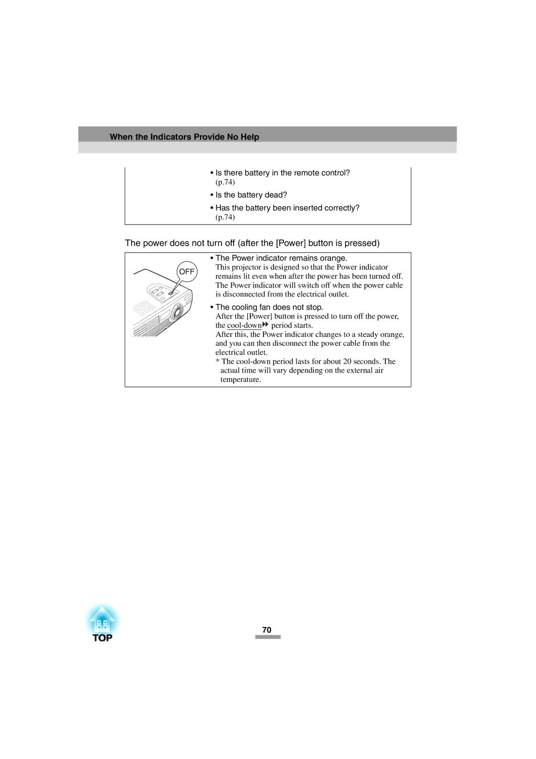 Epson 52 manual Power does not turn off after the Power button is pressed, Power indicator remains orange 