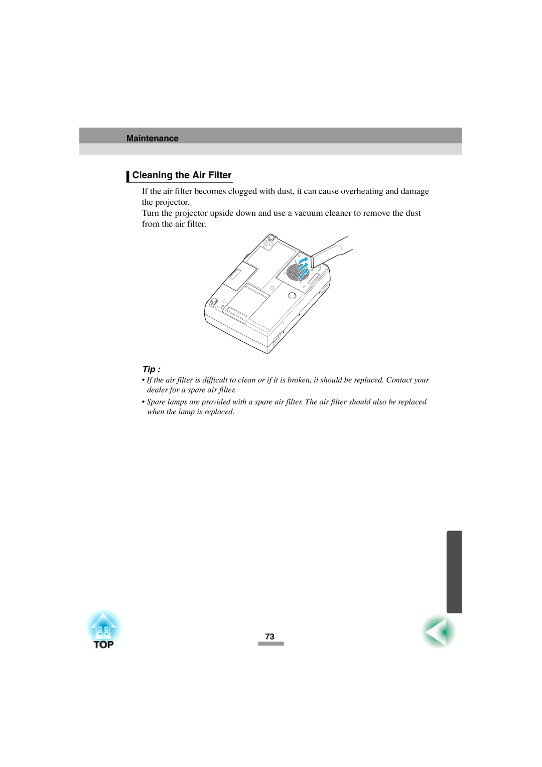 Epson 52 manual Cleaning the Air Filter, Maintenance 