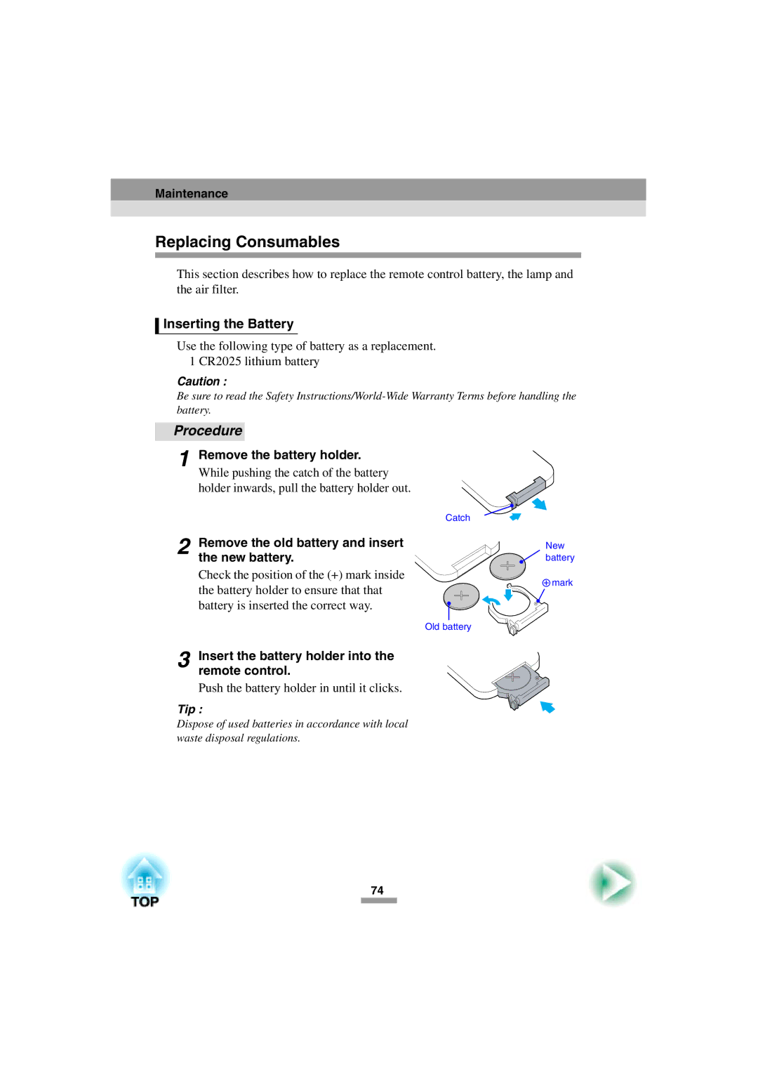 Epson 52 manual Replacing Consumables, Inserting the Battery, Remove the battery holder 