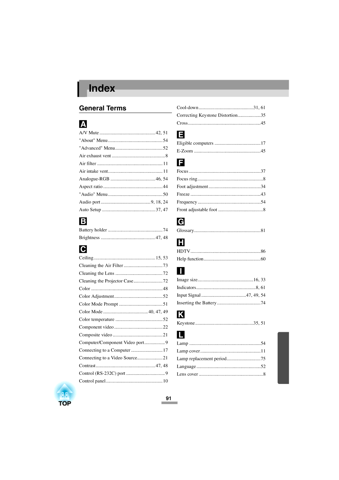 Epson 52 manual Index, General Terms 