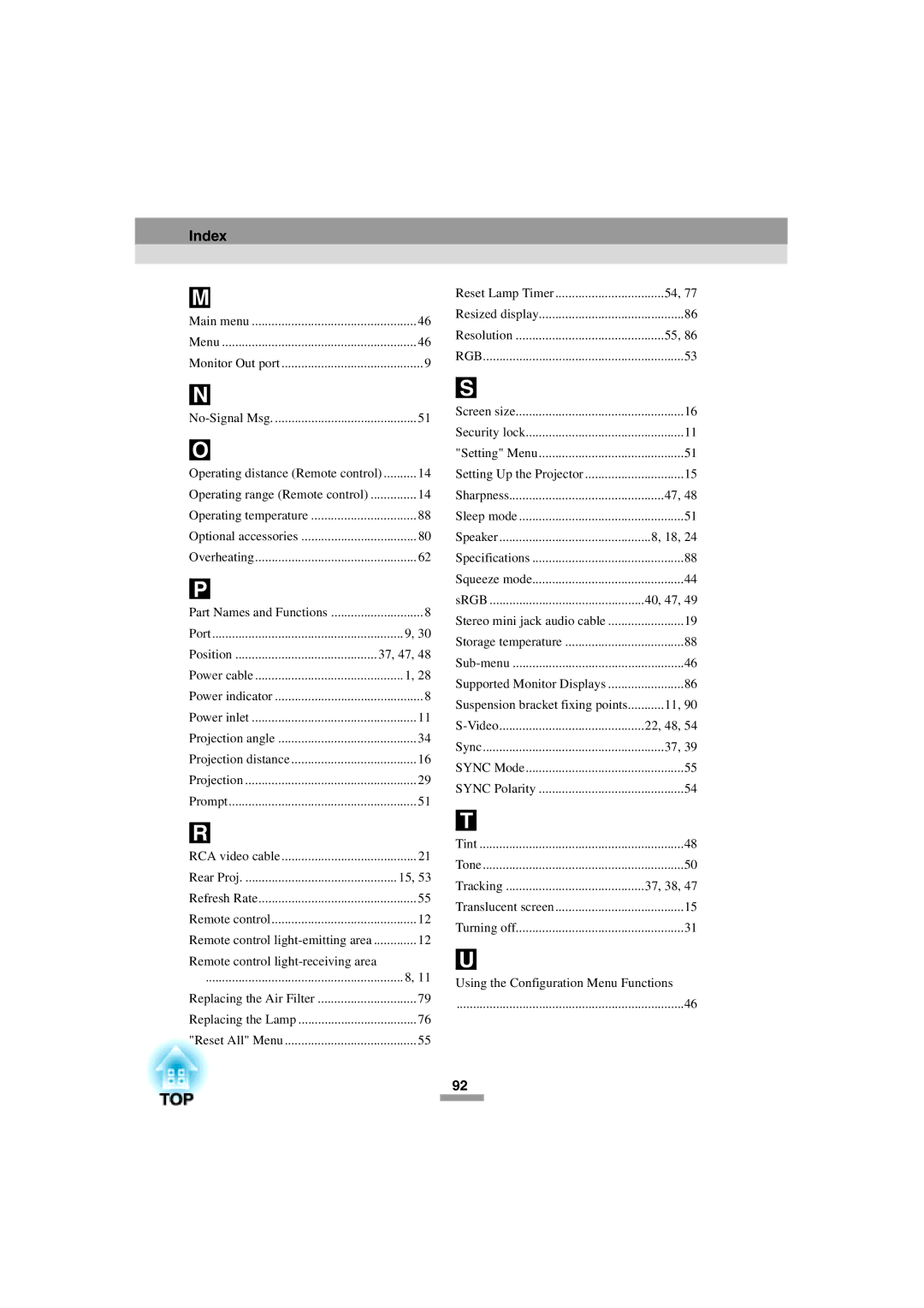 Epson 52 manual Index, Operating distance Remote control 