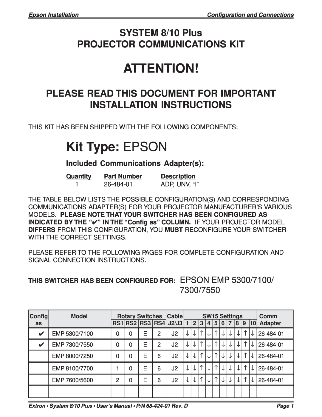 Epson installation instructions Kit Type: EPSON, SYSTEM 8/10 Plus PROJECTOR COMMUNICATIONS KIT, 7300/7550, Quantity 
