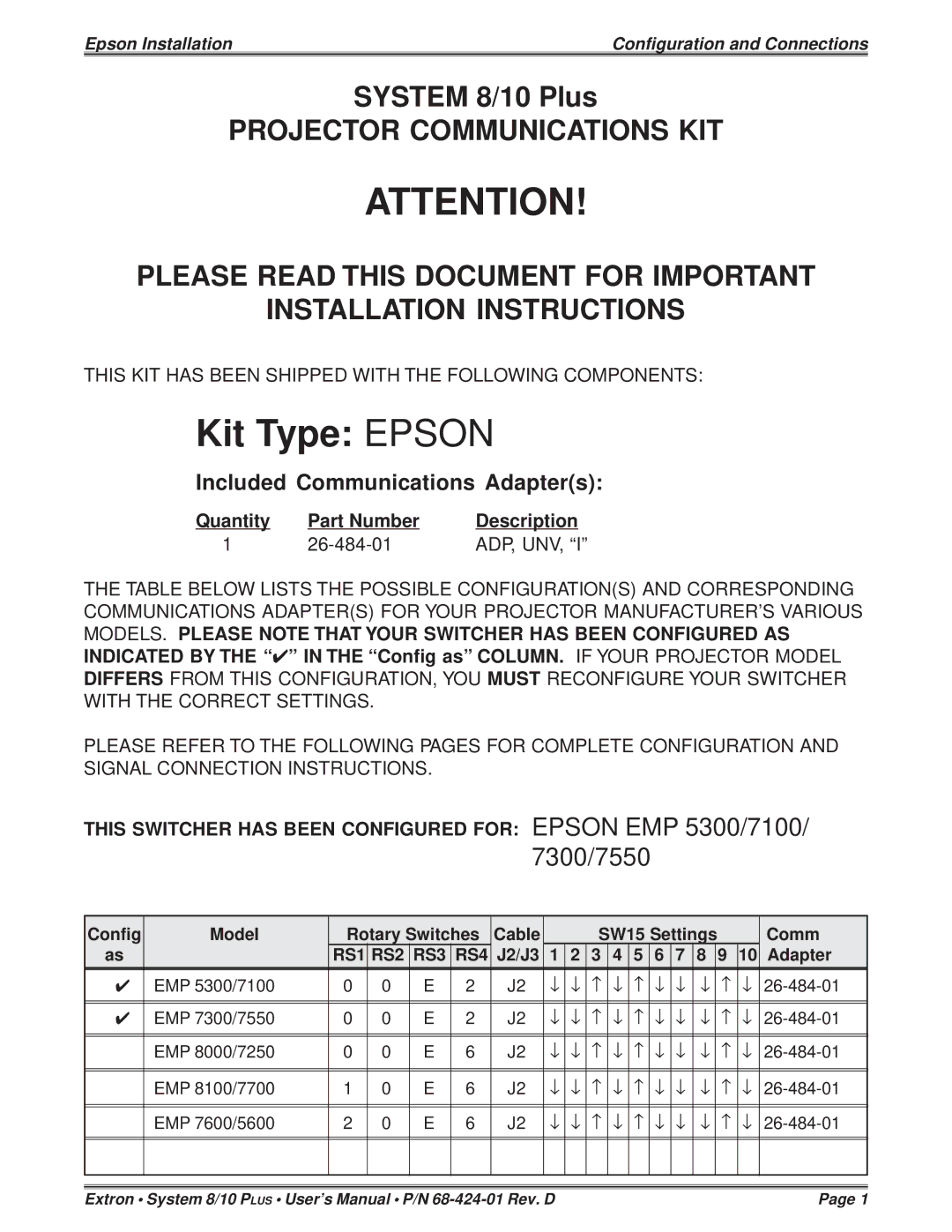 Epson 7300, 5300, 7250 installation instructions Config Model Rotary Switches Cable, Comm, J2/J3 Adapter 