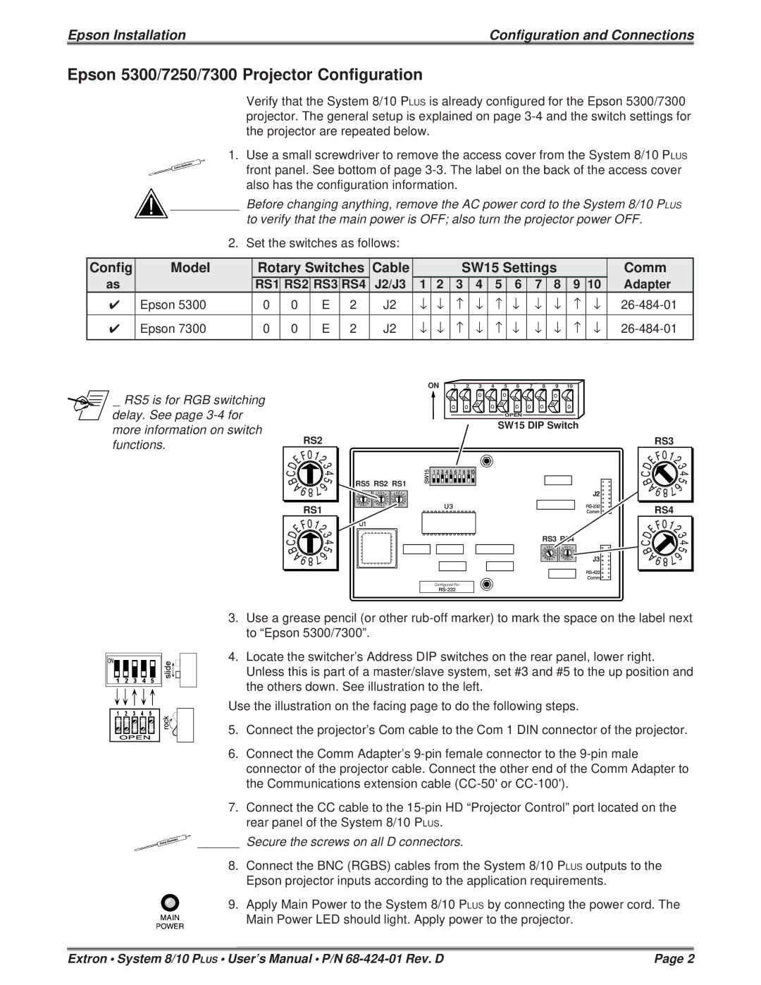 Epson Epson 5300/7250/7300 Projector Configuration, Config Model Rotary Switches Cable SW15 Settings Comm 