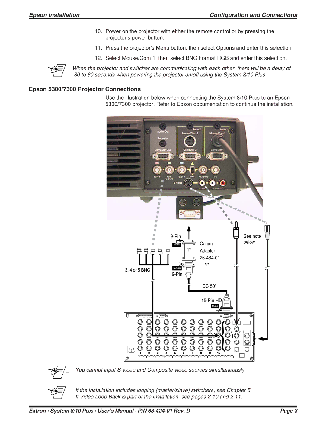 Epson 7250 installation instructions Epson 5300/7300 Projector Connections 