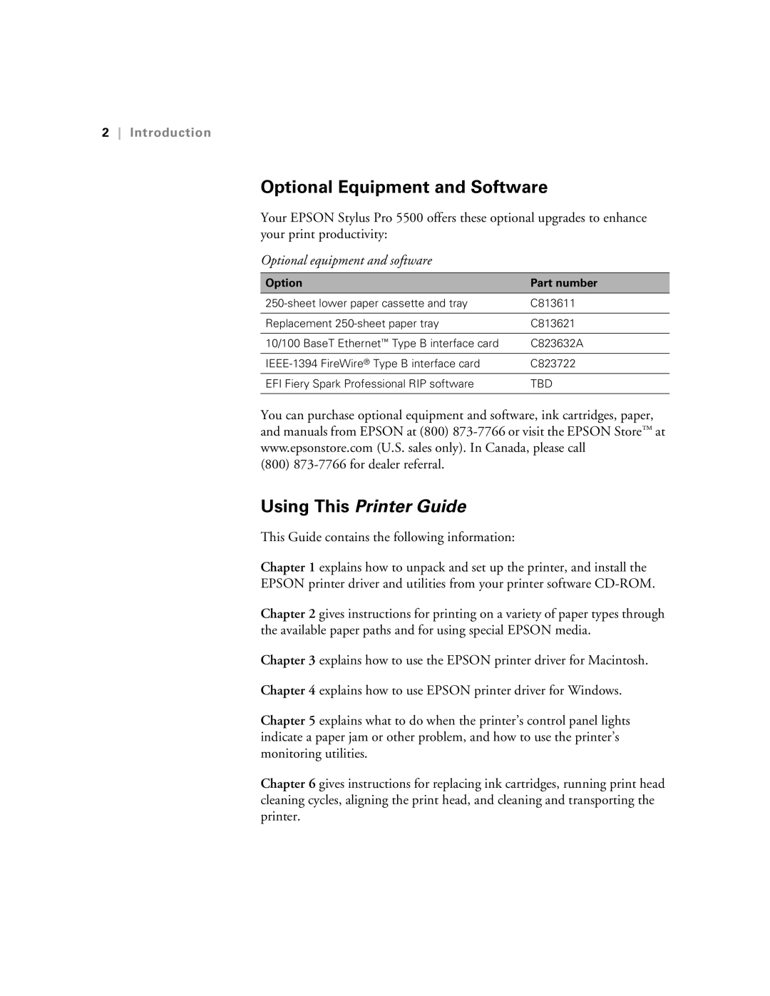 Epson 5500 manual Optional Equipment and Software, Optional equipment and software, 800 873-7766 for dealer referral 