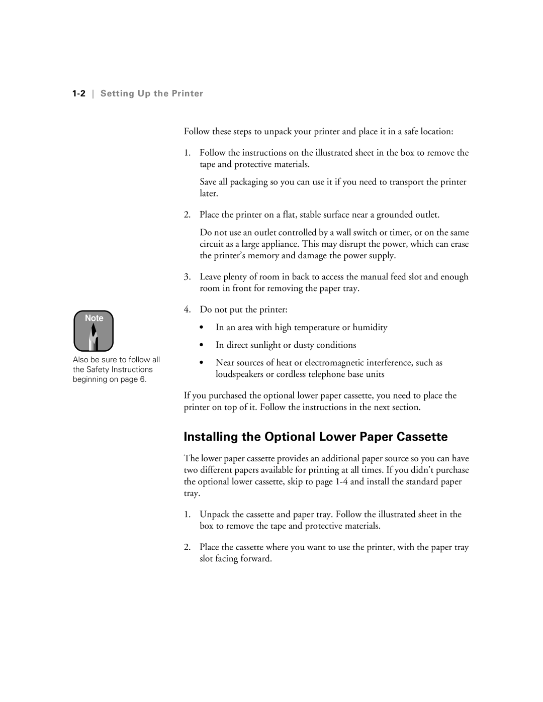 Epson 5500 manual Installing the Optional Lower Paper Cassette, 2Setting Up the Printer 