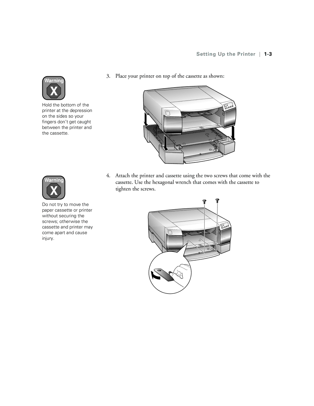 Epson 5500 manual Place your printer on top of the cassette as shown, Setting Up the Printer 