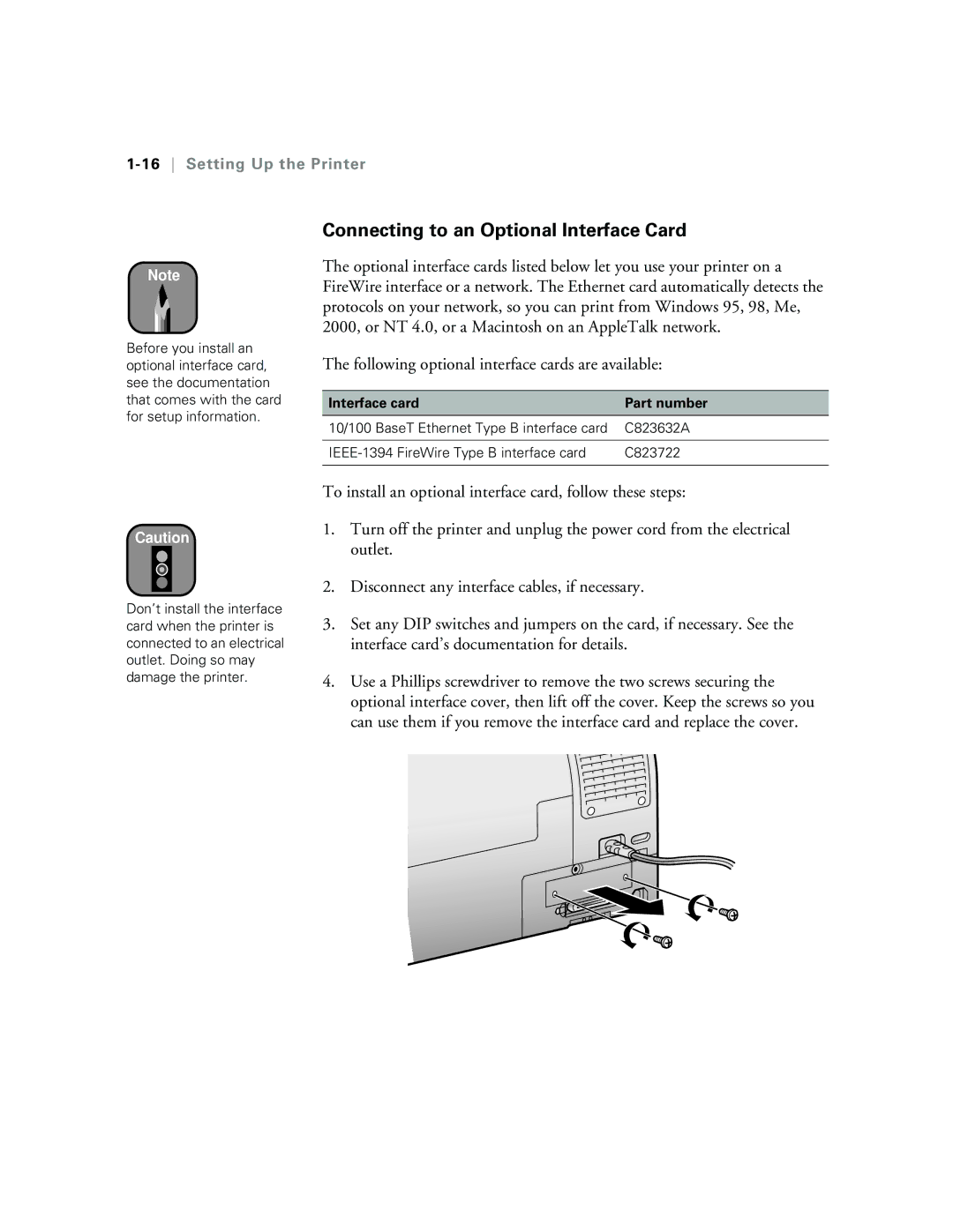 Epson 5500 manual Connecting to an Optional Interface Card, 16Setting Up the Printer, Interface card Part number 