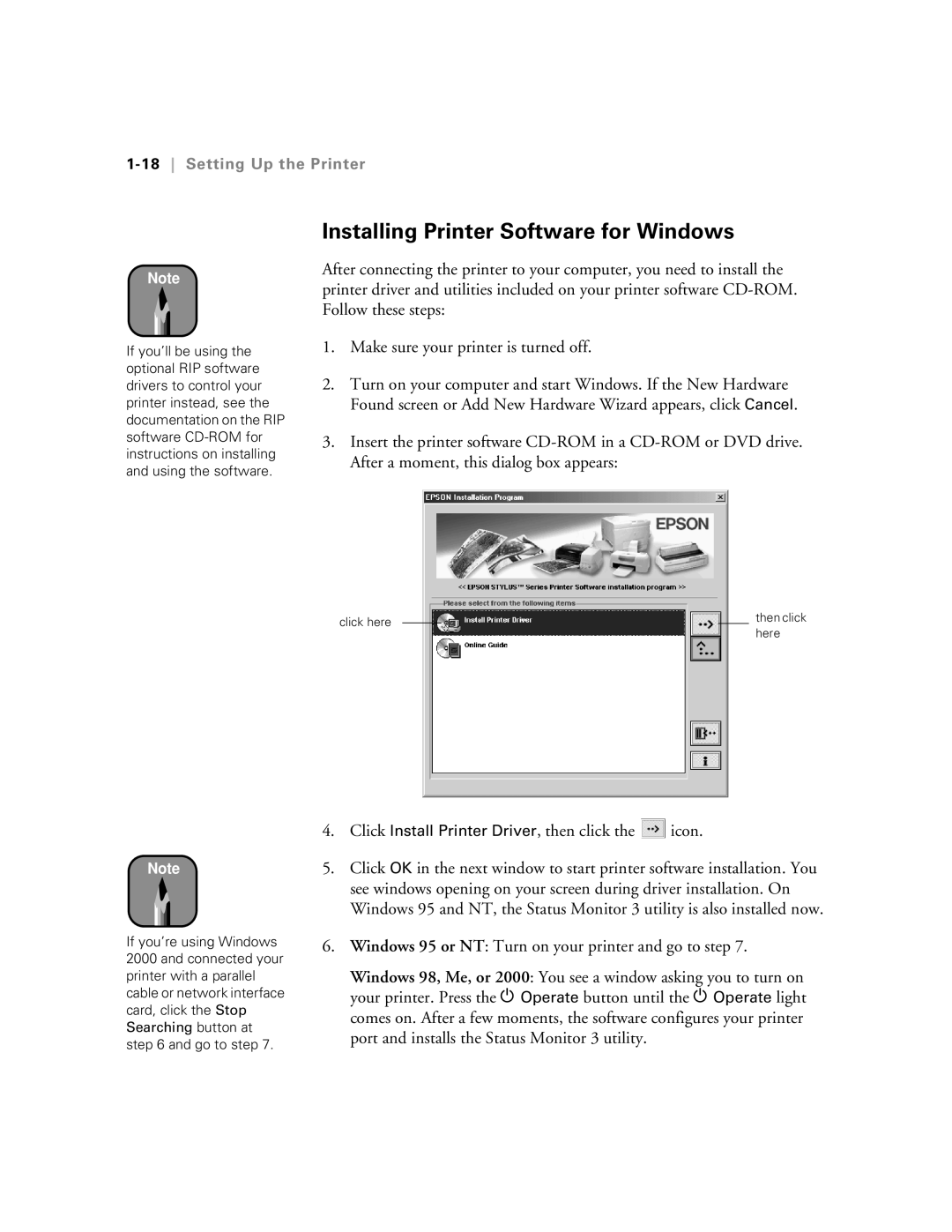 Epson 5500 manual Installing Printer Software for Windows, 18Setting Up the Printer 