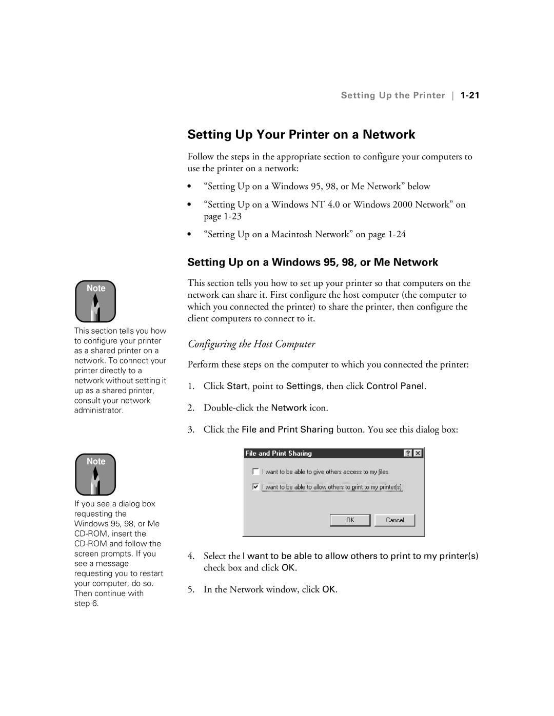 Epson 5500 Setting Up Your Printer on a Network, Setting Up on a Windows 95, 98, or Me Network, Network window, click OK 