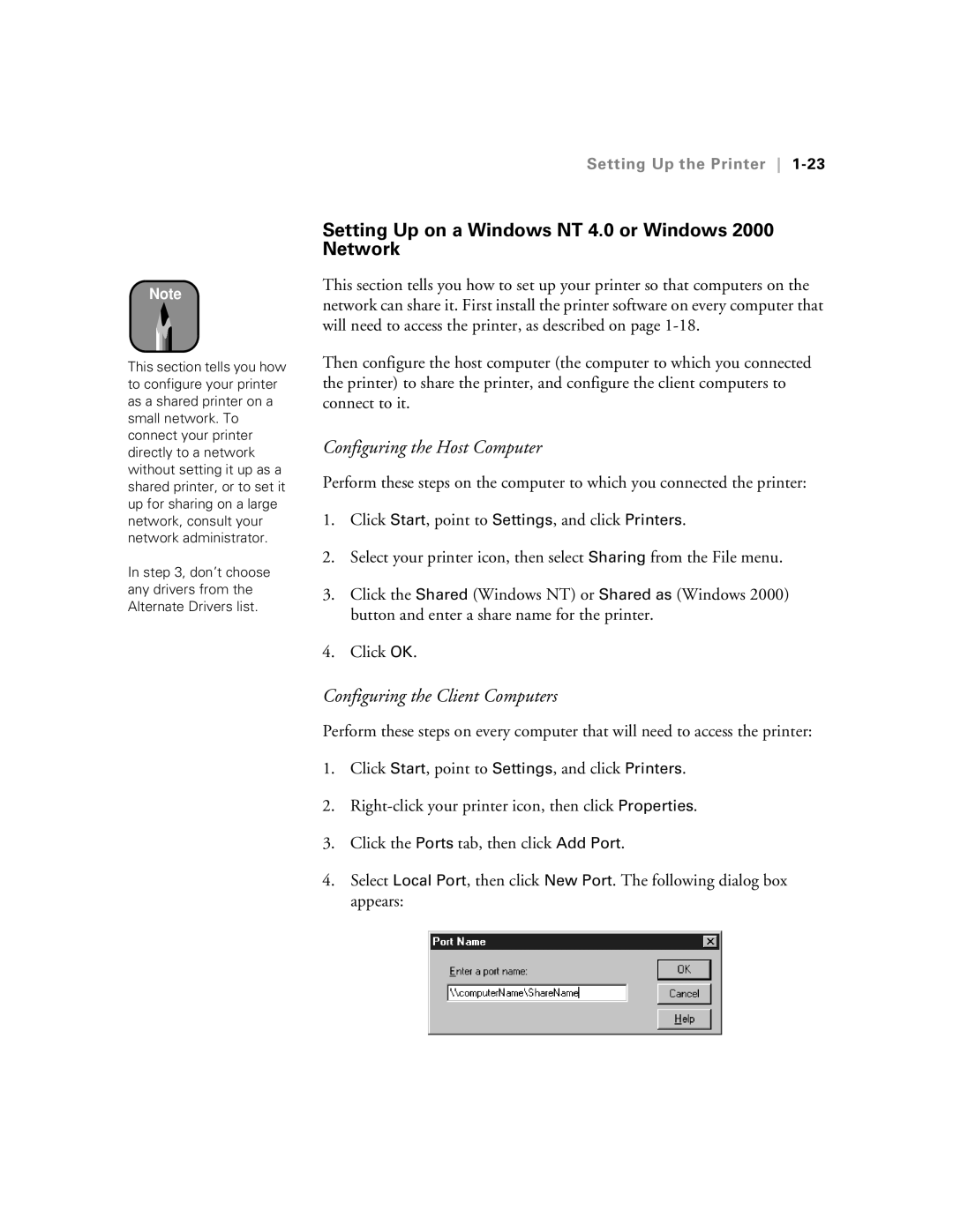 Epson 5500 manual Setting Up on a Windows NT 4.0 or Windows 2000 Network 