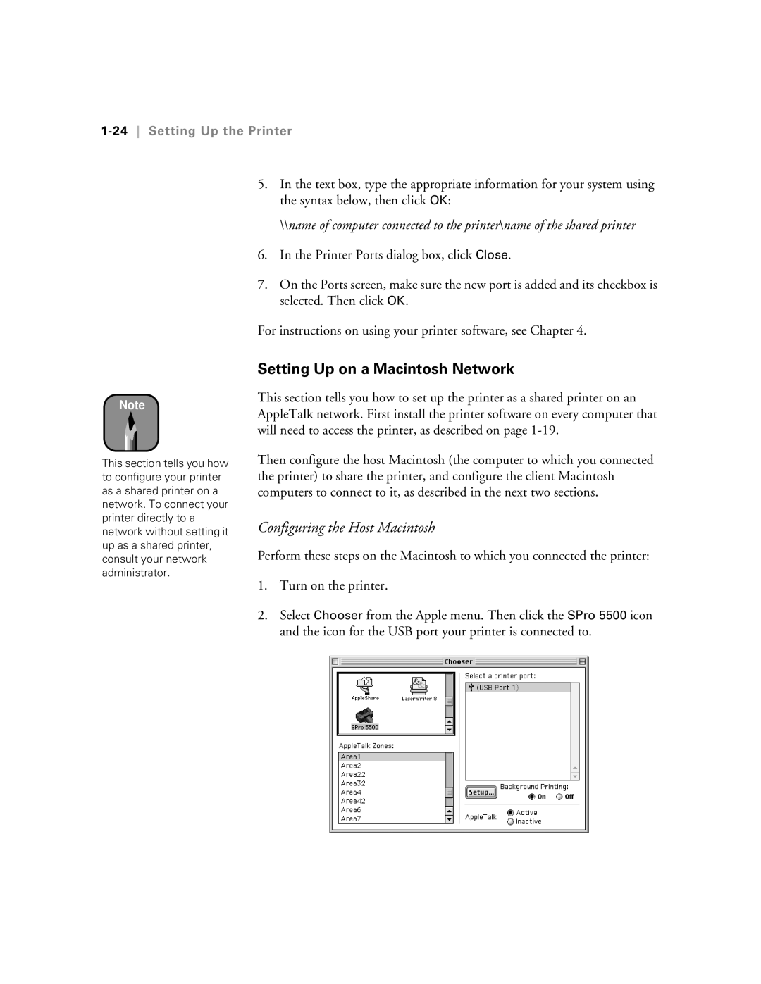 Epson 5500 manual Setting Up on a Macintosh Network, 24Setting Up the Printer 