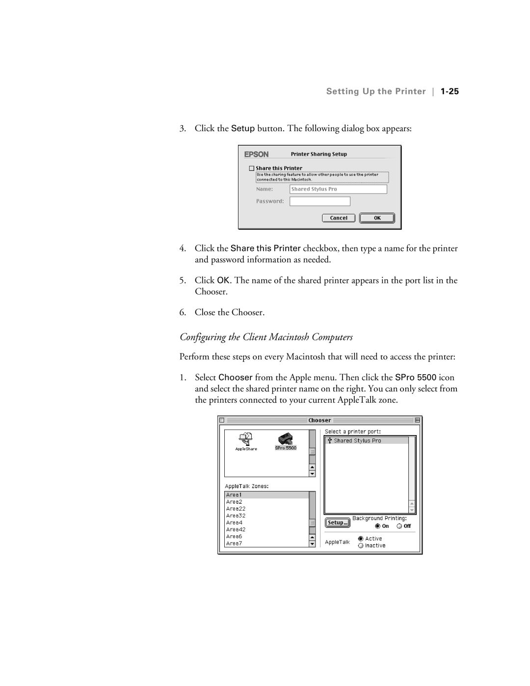 Epson 5500 manual Configuring the Client Macintosh Computers 