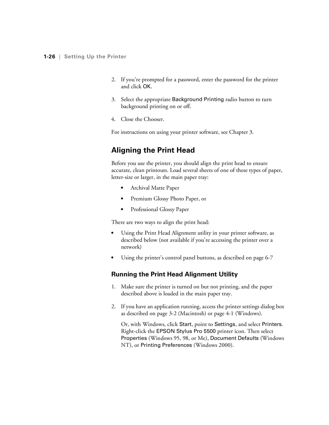Epson 5500 manual Aligning the Print Head, Running the Print Head Alignment Utility, 26Setting Up the Printer 