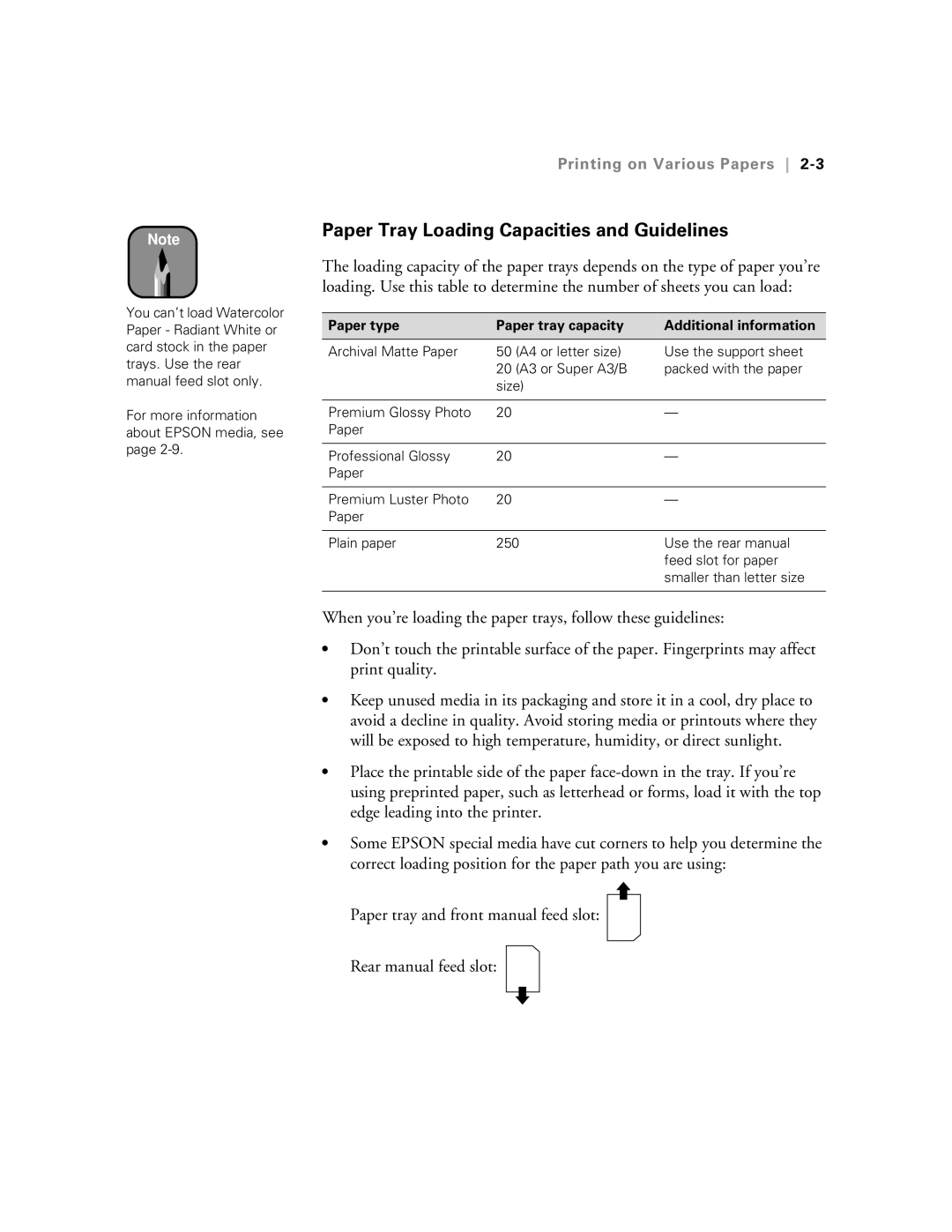 Epson 5500 manual Paper Tray Loading Capacities and Guidelines, Printing on Various Papers 