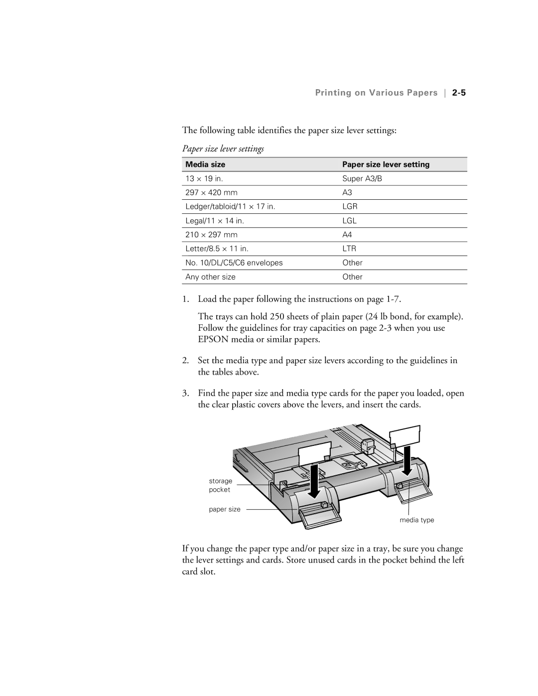 Epson 5500 manual Following table identifies the paper size lever settings, Paper size lever settings 