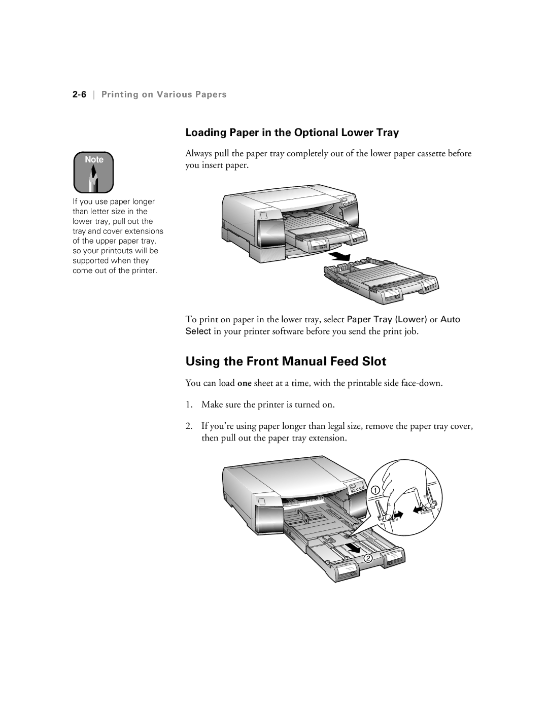 Epson 5500 manual Using the Front Manual Feed Slot, Loading Paper in the Optional Lower Tray, 6Printing on Various Papers 