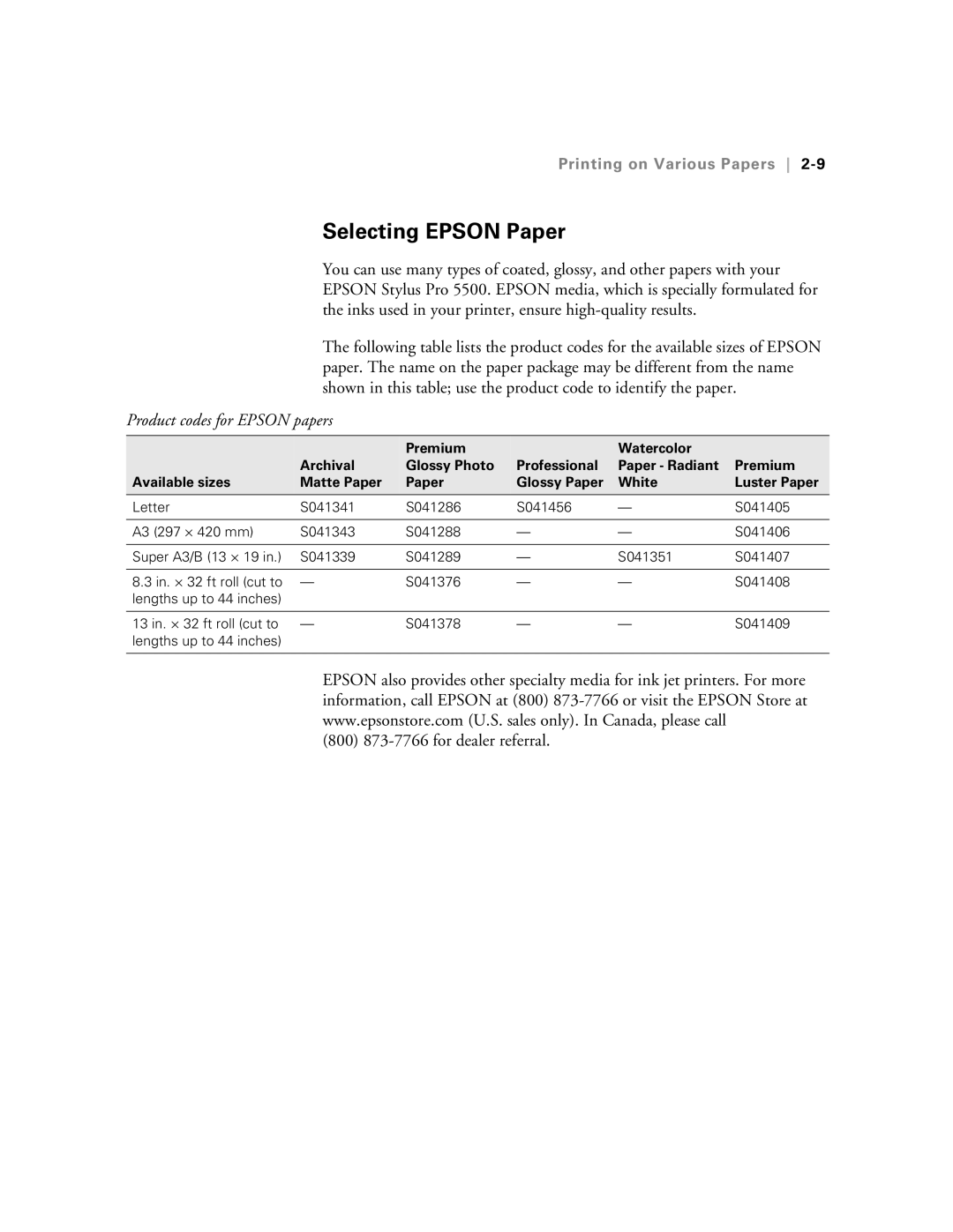 Epson 5500 manual Selecting Epson Paper, Product codes for Epson papers 