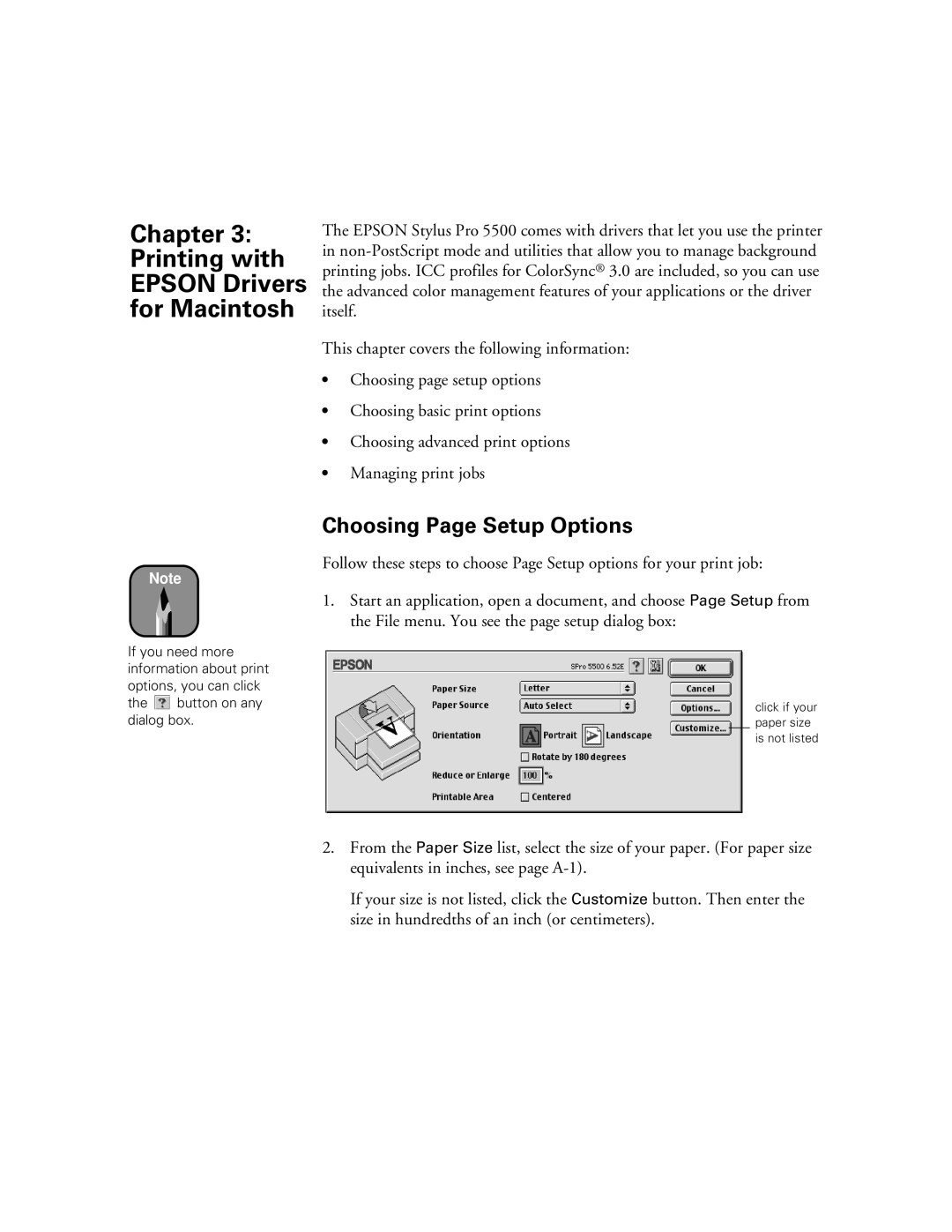 Epson 5500 manual Printing with Epson Drivers for Macintosh, Choosing Page Setup Options 