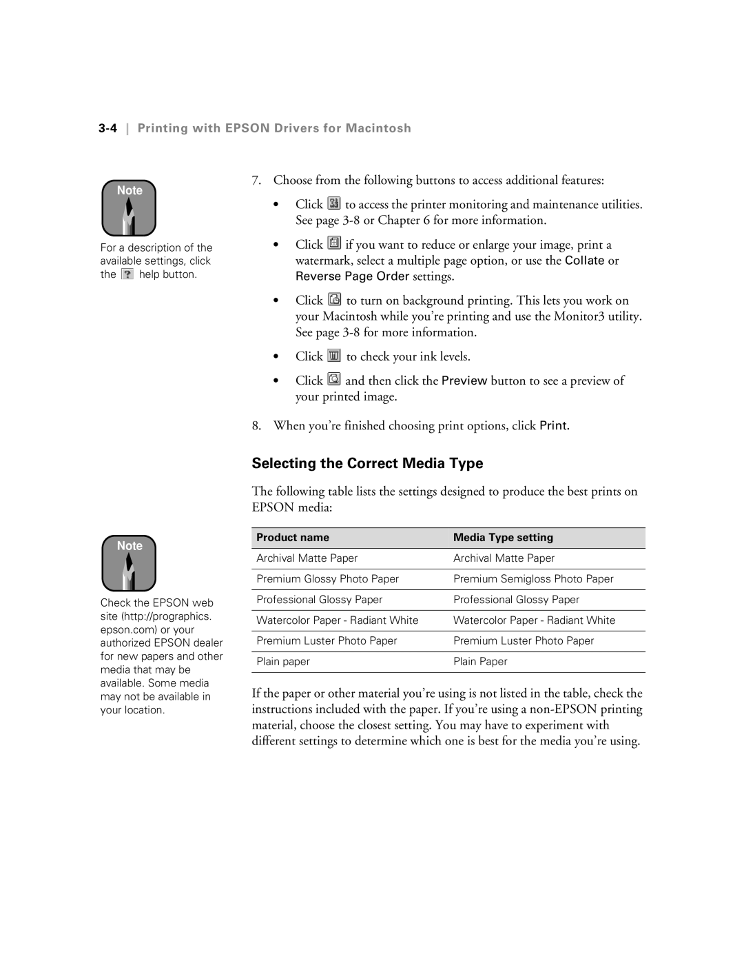 Epson 5500 Selecting the Correct Media Type, 4Printing with Epson Drivers for Macintosh, Product name Media Type setting 