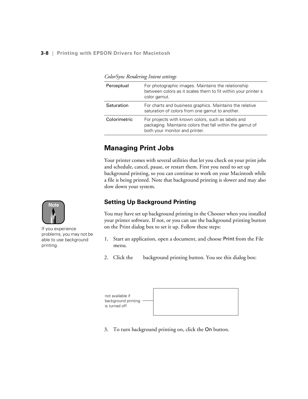 Epson 5500 manual Managing Print Jobs, Setting Up Background Printing, ColorSync Rendering Intent settings 