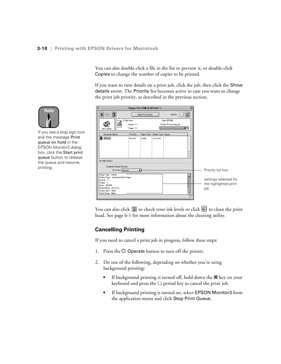 Epson 5500 manual Cancelling Printing, 10Printing with Epson Drivers for Macintosh 