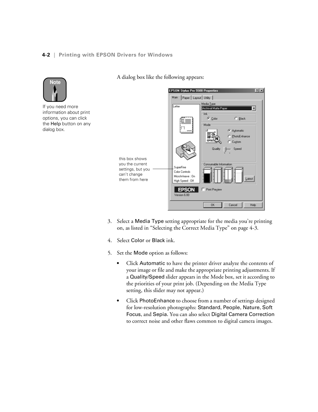 Epson 5500 manual Dialog box like the following appears, 2Printing with Epson Drivers for Windows 