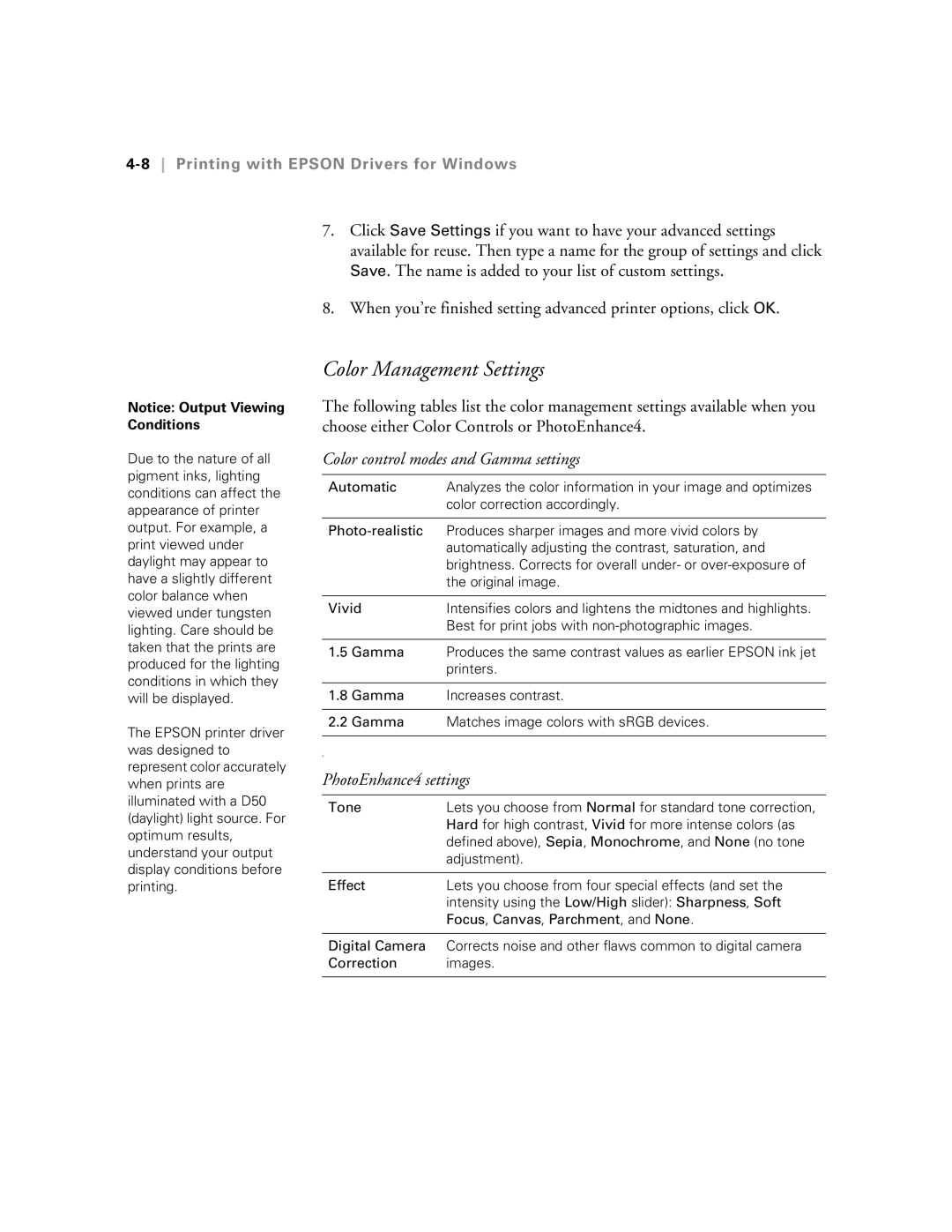 Epson 5500 manual Color Management Settings, 8Printing with Epson Drivers for Windows 