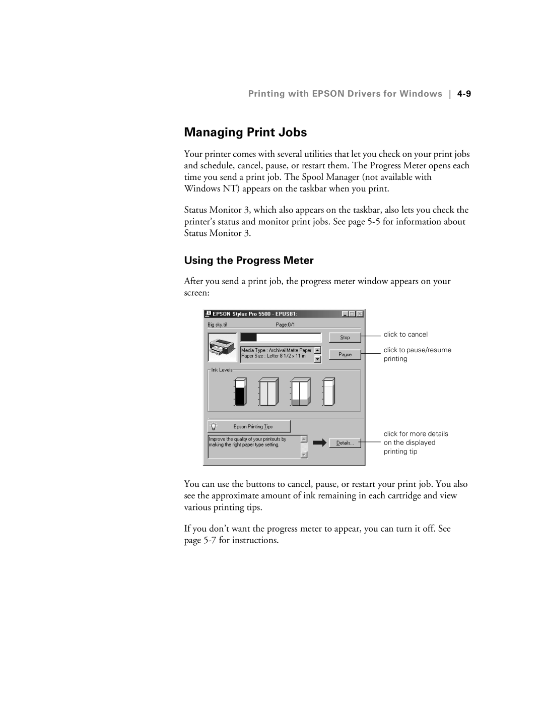 Epson 5500 manual Managing Print Jobs, Using the Progress Meter 