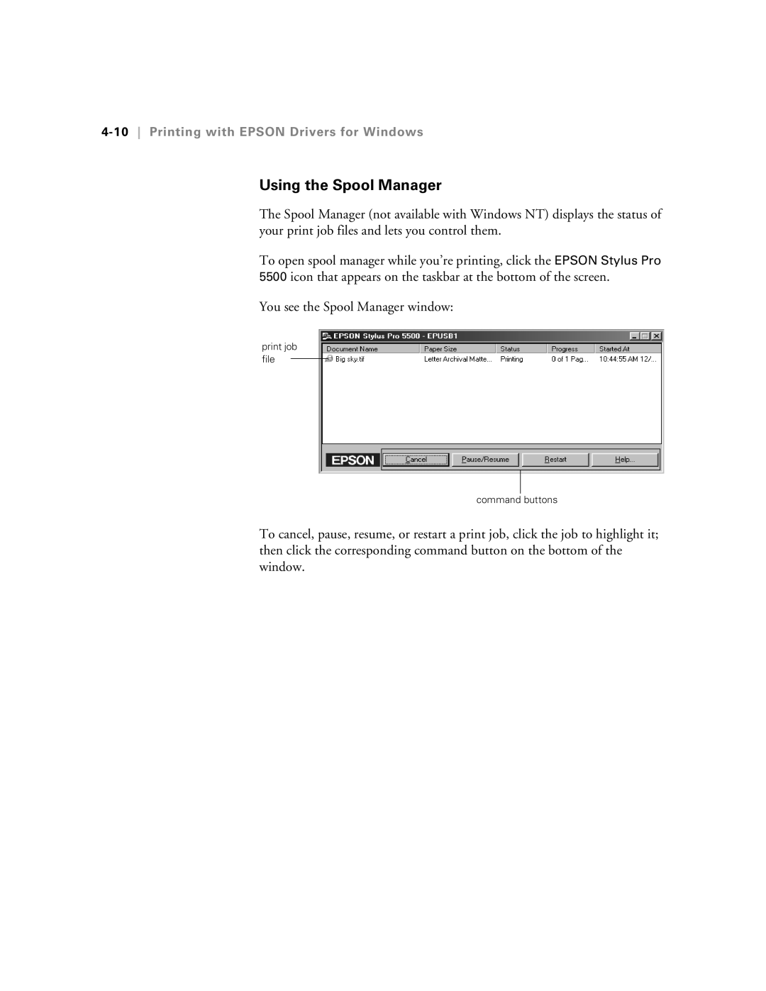 Epson 5500 manual Using the Spool Manager, 10Printing with Epson Drivers for Windows 