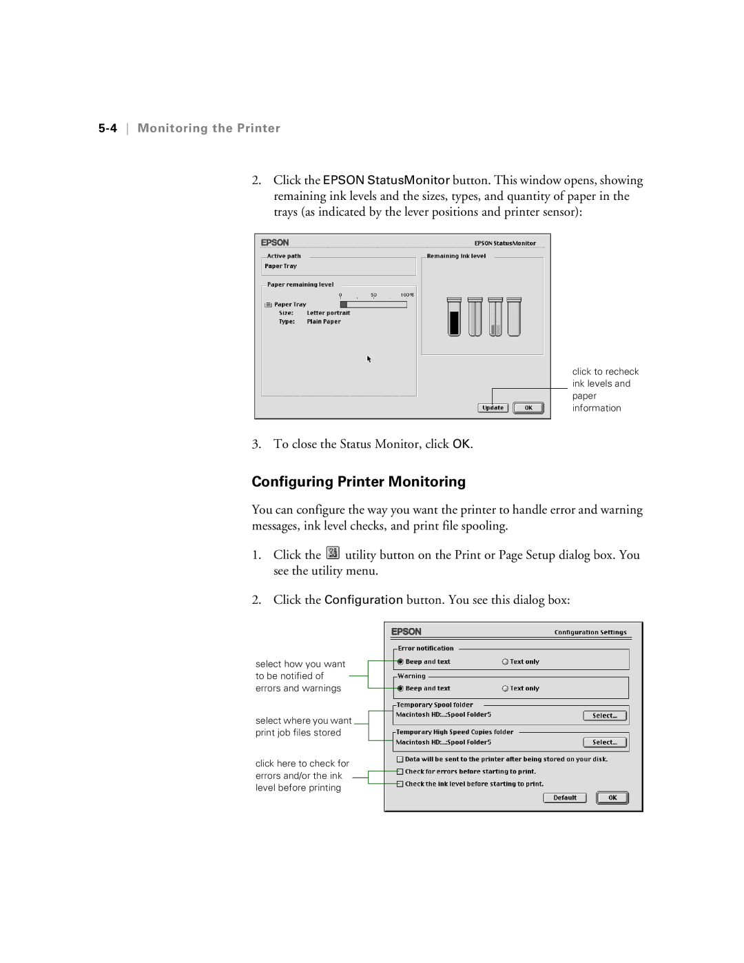 Epson 5500 manual Configuring Printer Monitoring, To close the Status Monitor, click OK, 4Monitoring the Printer 