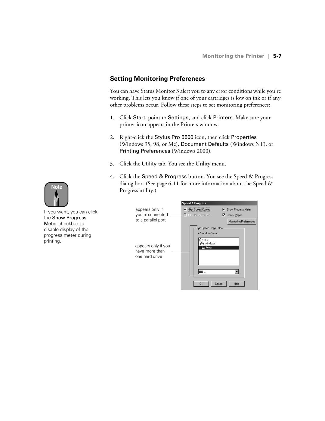 Epson 5500 manual Setting Monitoring Preferences 