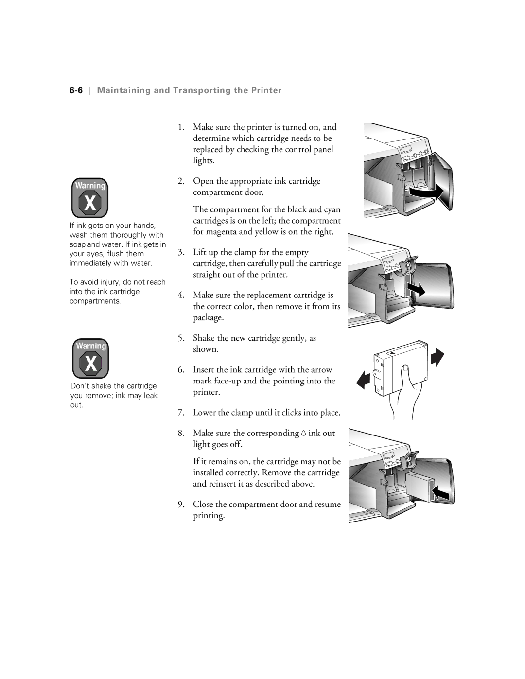 Epson 5500 manual Close the compartment door and resume printing, 6Maintaining and Transporting the Printer 