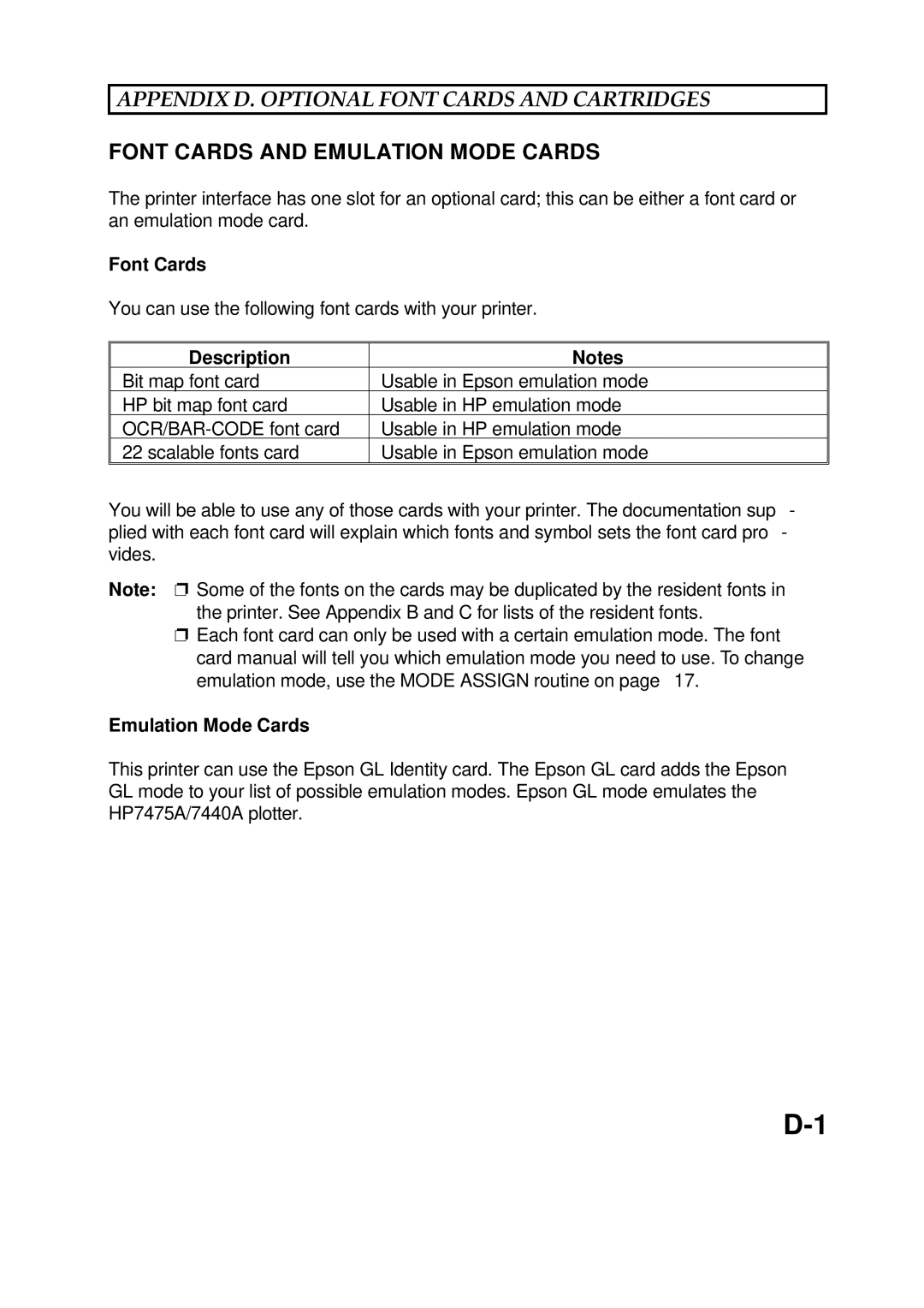 Epson 60 manual Appendix D. Optional Font Cards and Cartridges, Font Cards and Emulation Mode Cards, Description 