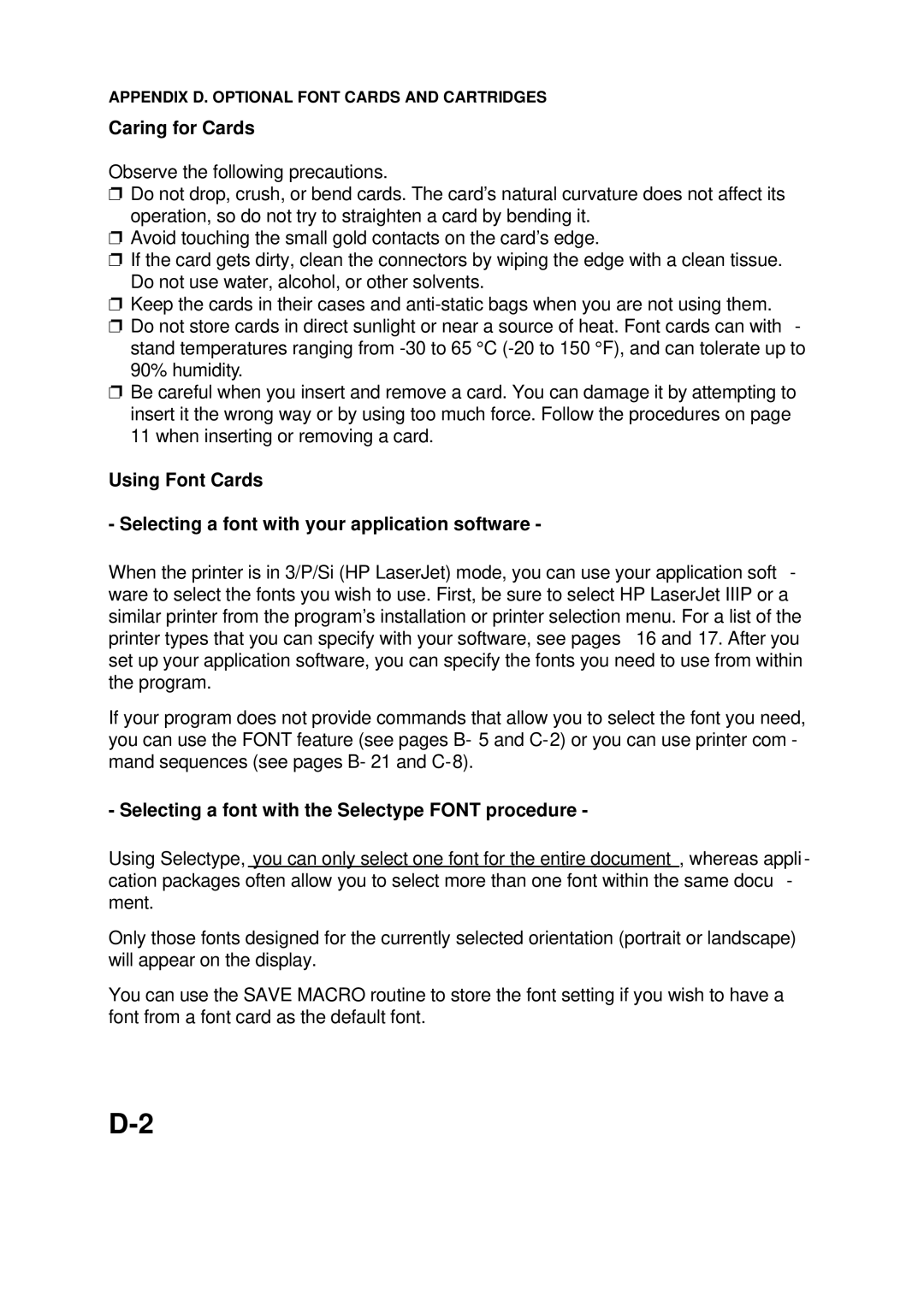 Epson 60 manual Caring for Cards, Selecting a font with the Selectype Font procedure 