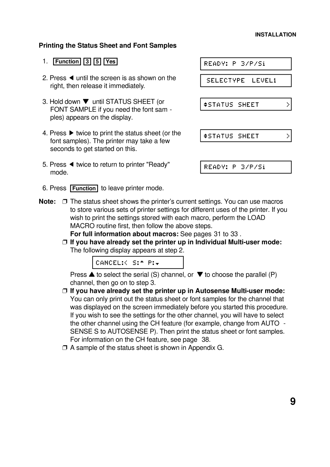 Epson 60 manual Printing the Status Sheet and Font Samples, For full information about macros See pages 31 to 