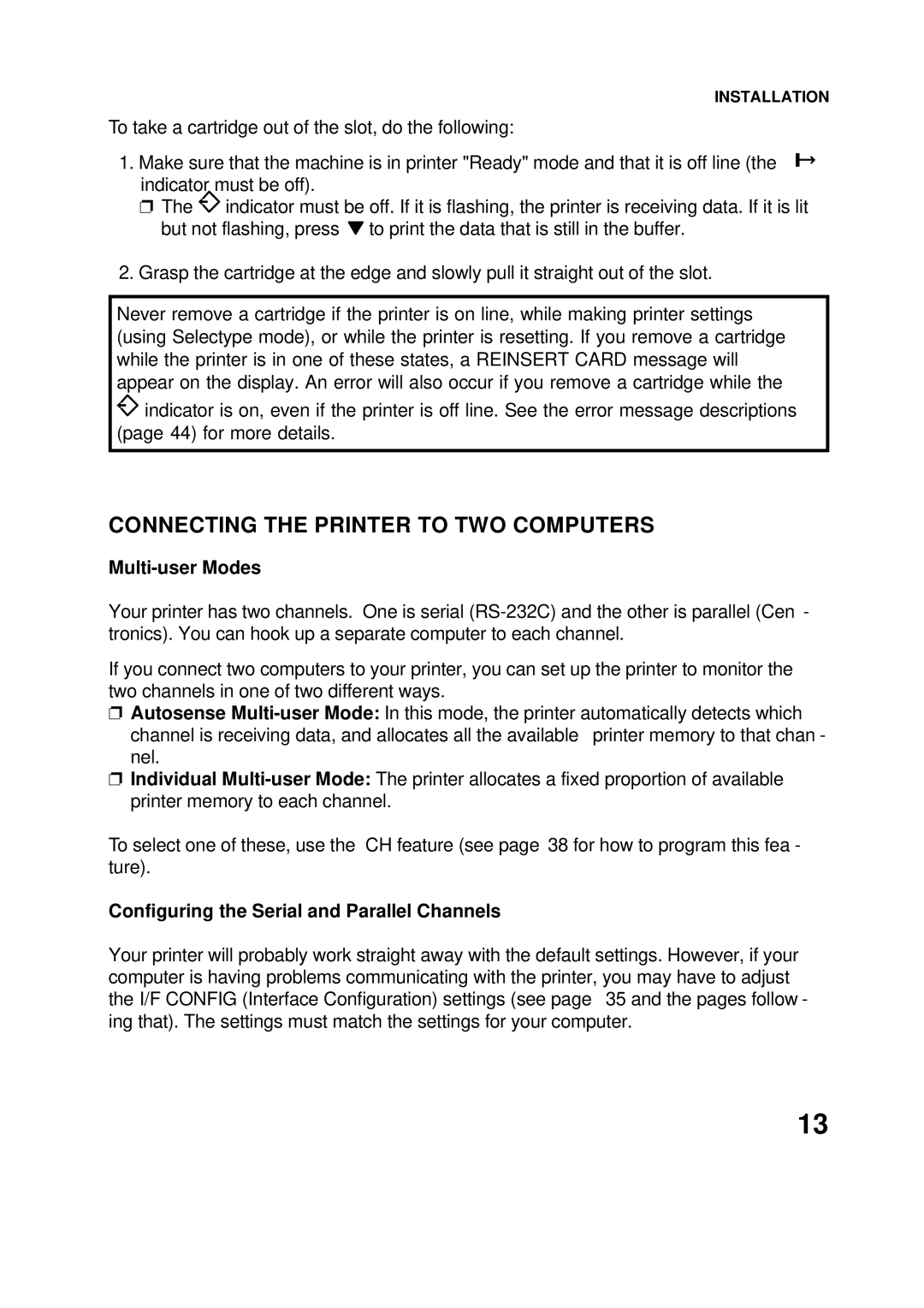 Epson 60 manual Connecting the Printer to TWO Computers, Multi-user Modes 