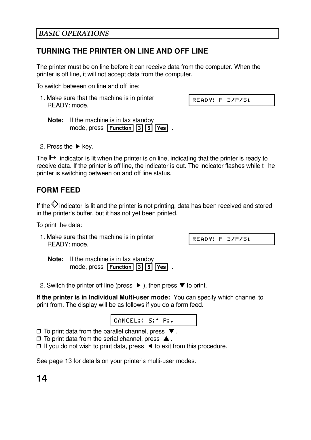 Epson 60 manual Basic Operations, Turning the Printer on Line and OFF Line, Form Feed 