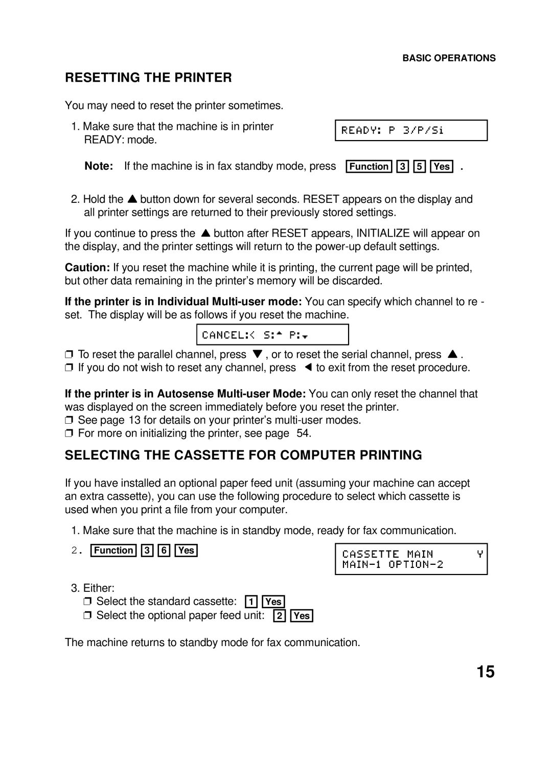 Epson 60 manual Resetting the Printer, Selecting the Cassette for Computer Printing 