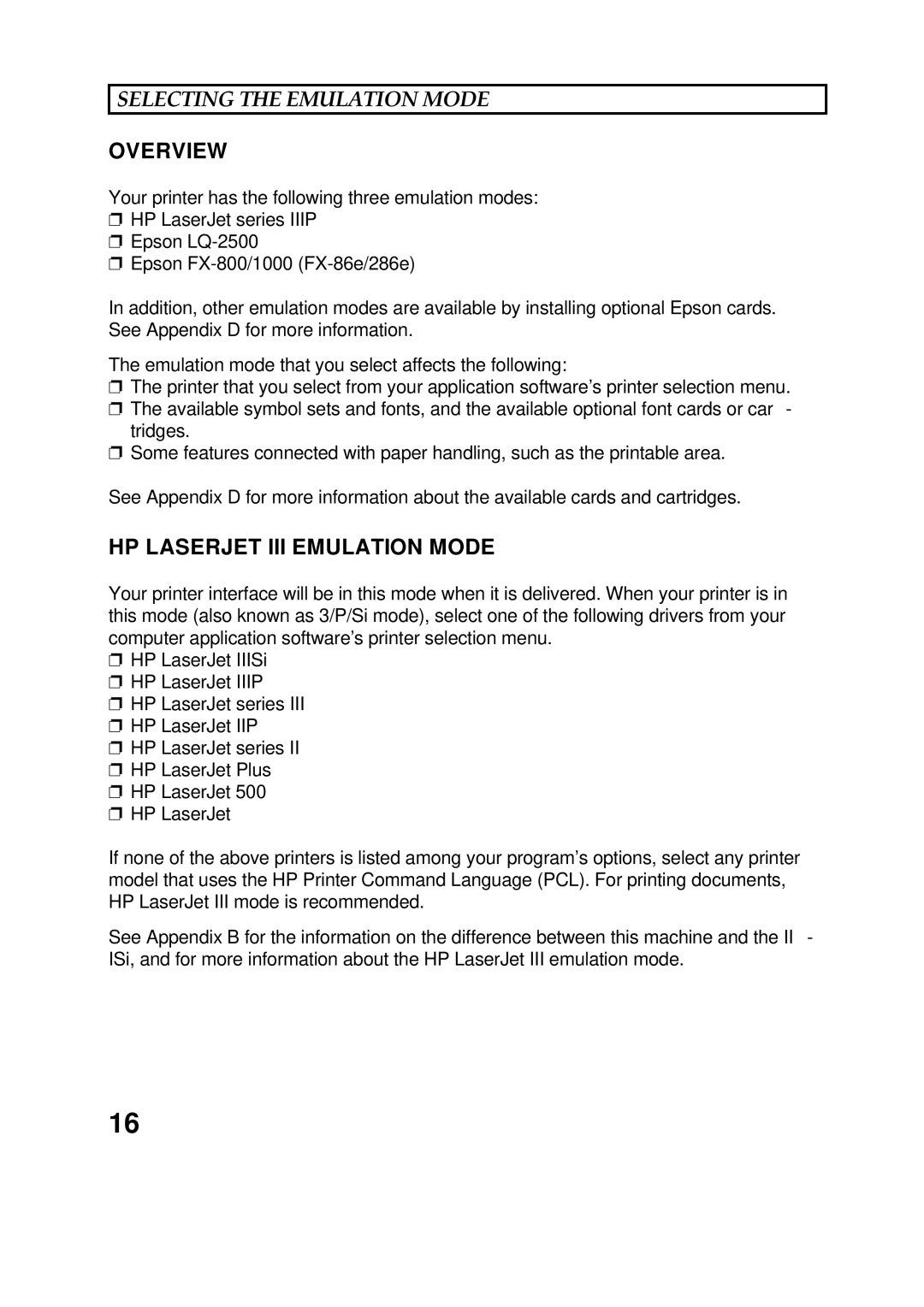 Epson 60 manual Selecting the Emulation Mode, Overview, HP Laserjet III Emulation Mode 