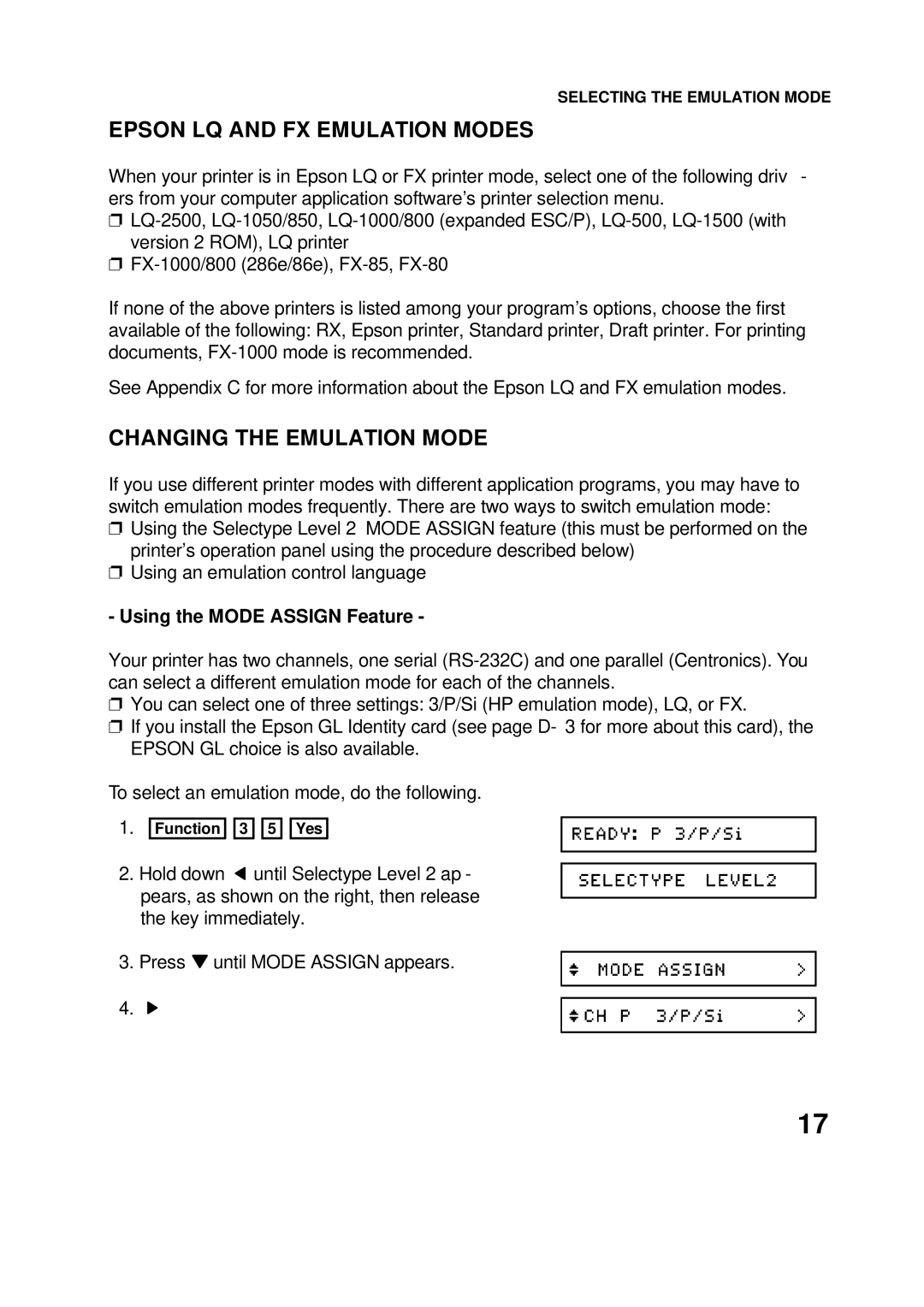 Epson 60 manual Epson LQ and FX Emulation Modes, Changing the Emulation Mode, Using the Mode Assign Feature 
