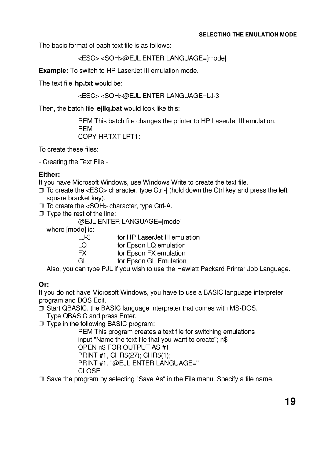 Epson 60 manual ESC SOH@EJL Enter LANGUAGE=LJ-3, REM Copy HP.TXT LPT1, Either, Close 