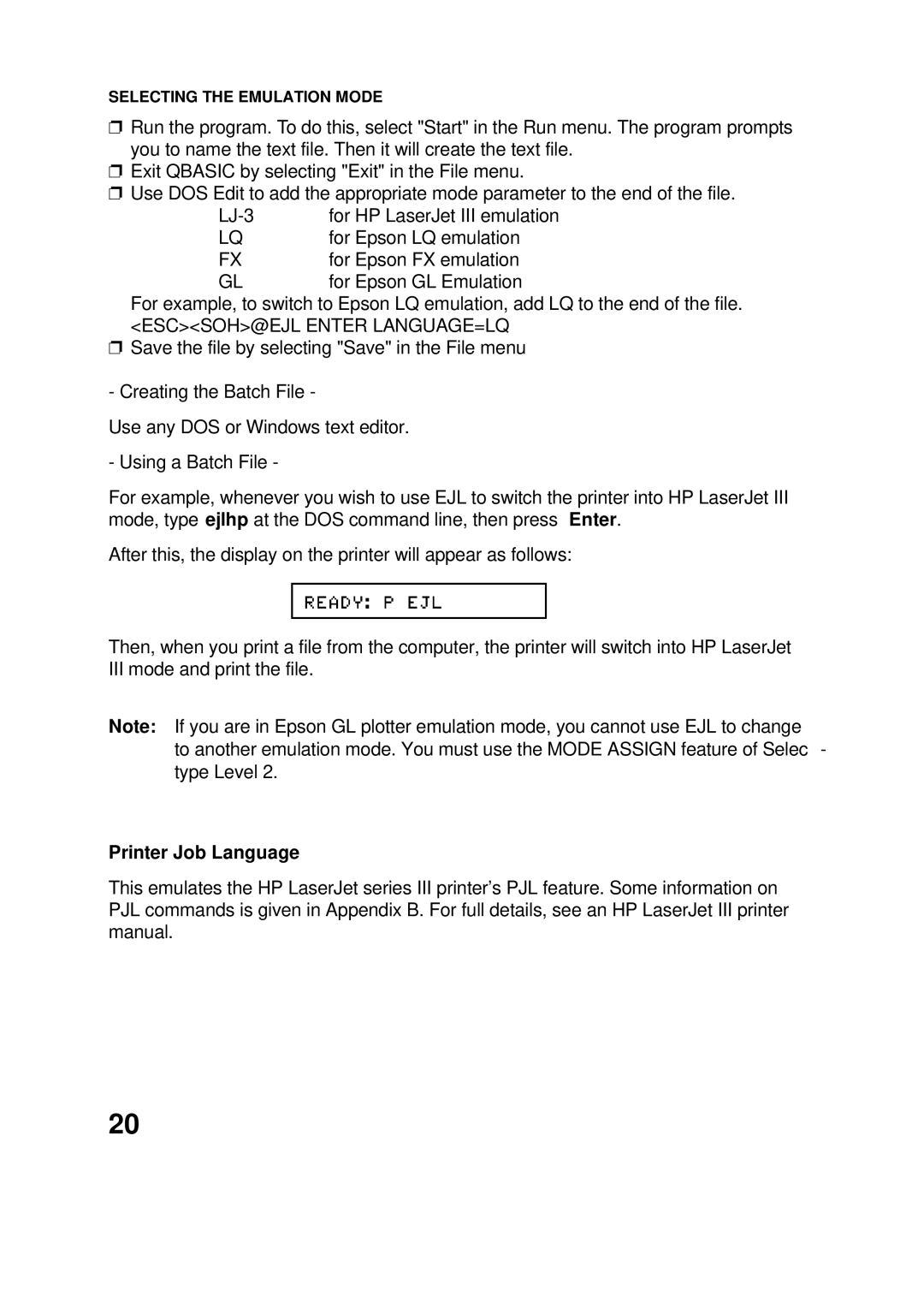 Epson 60 manual Printer Job Language 