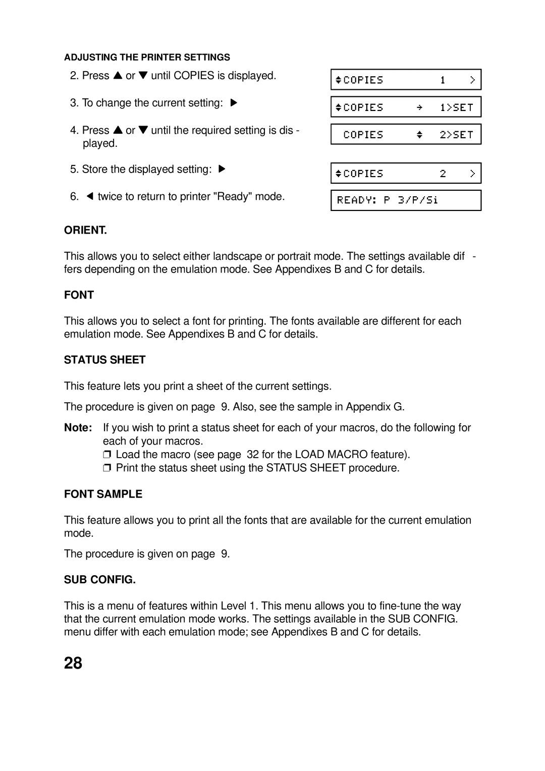 Epson 60 manual Orient, Status Sheet, Font Sample, SUB Config 