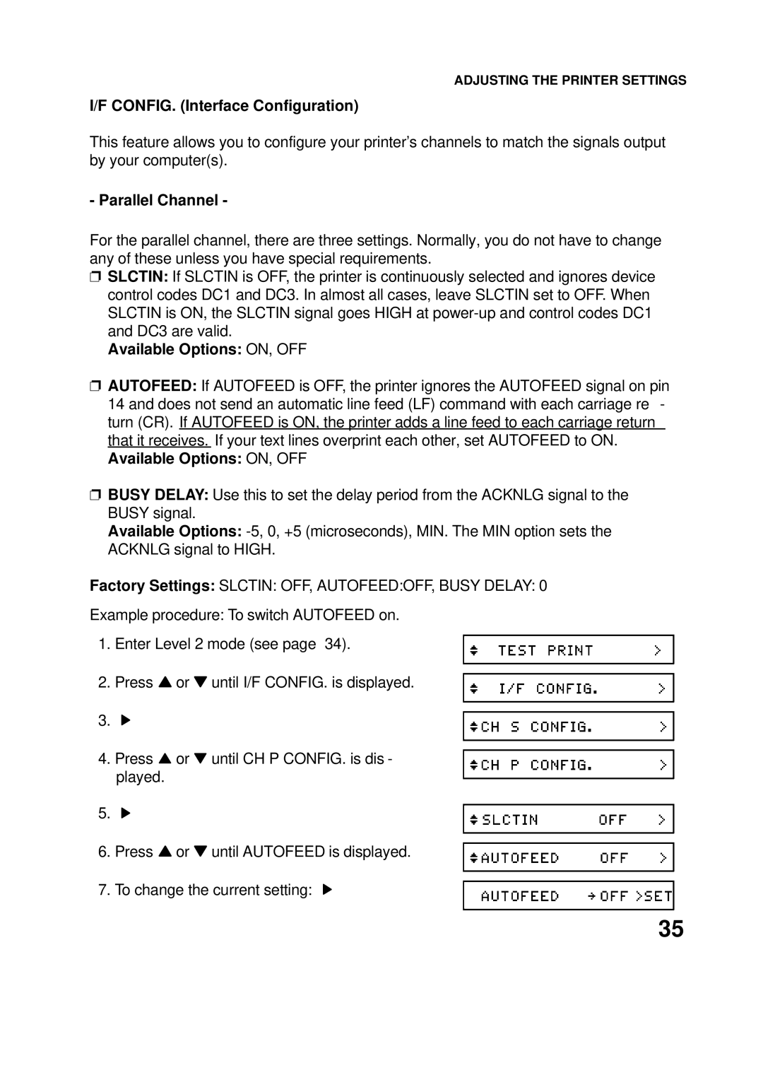 Epson 60 manual CONFIG. Interface Configuration, Parallel Channel, Available Options ON, OFF 