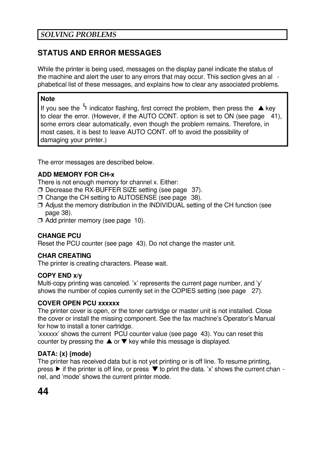 Epson 60 manual Solving Problems, Status and Error Messages, Change PCU, Char Creating 