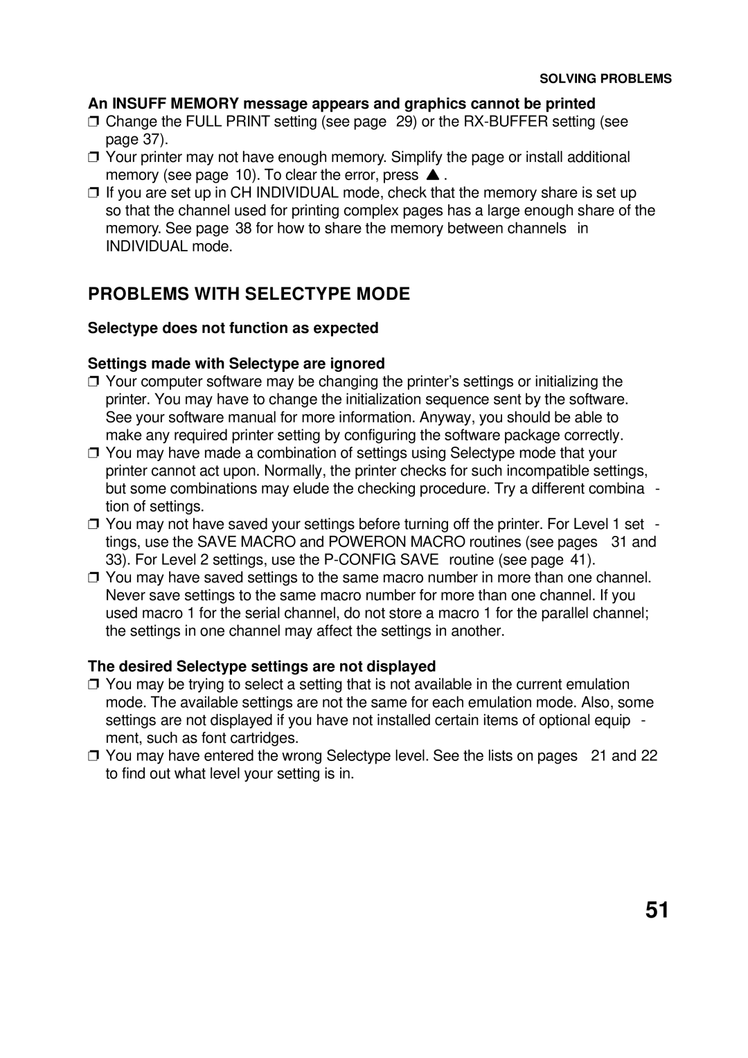 Epson 60 manual Problems with Selectype Mode, Desired Selectype settings are not displayed 